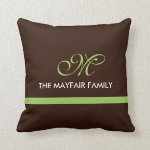 Ribbon Brown Lime Green Family Monogram Design Throw Pillow