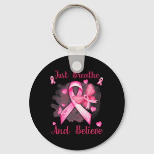 Ribbon Butterfly Breathe And Believe Breast Cancer Keychain