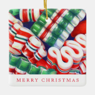 RIBBON CANDY Ceramic Square Ornament + Text