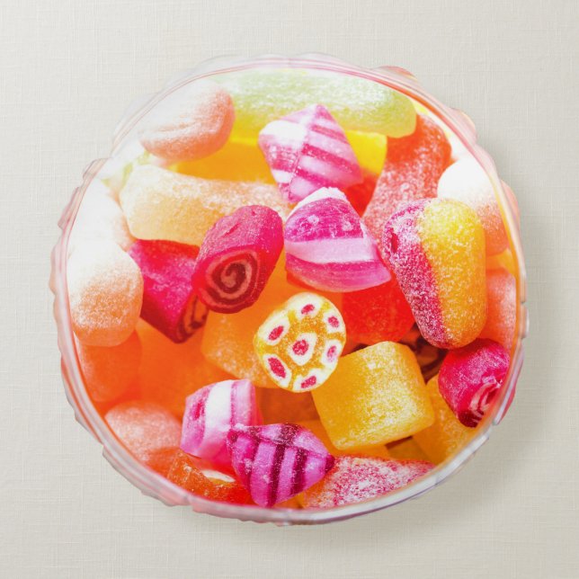 Ribbon candy jar cute colourful sweets pink round pillow (Front)