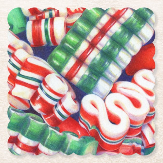 RIBBON CANDY Scalloped Square Paper Coasters (Front)