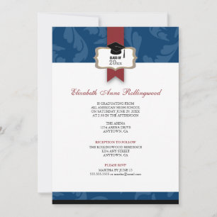 Ribbon Crest Curls Pattern Graduation: Navy Blue Invitation