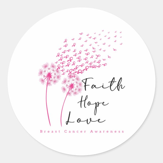 Ribbon Dandelion Faith Hope Love Breast Cancer  Classic Round Sticker (Front)
