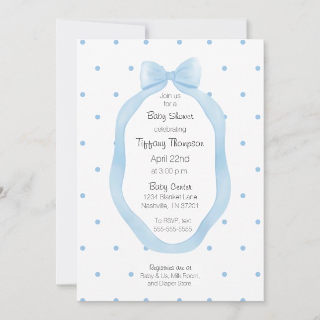 Ribbon Framed Blue and White Bow Polka Dots Invitation (Front)