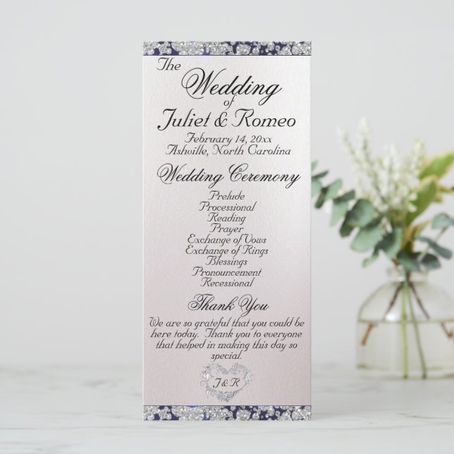 Ribbon & Glitter on Pearl - Blue Wedding Program (Standing Front)