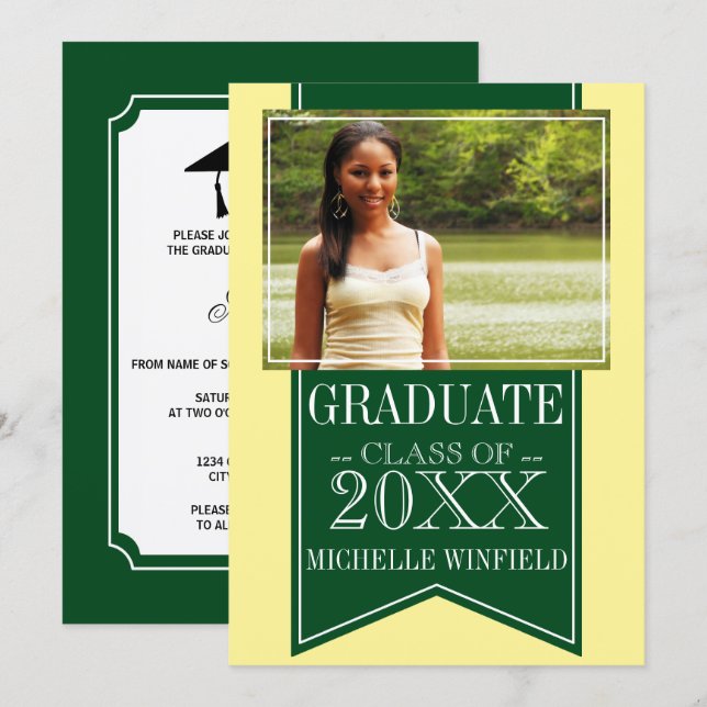 Ribbon Green School Colours Photo Graduation Invitation (Front/Back)