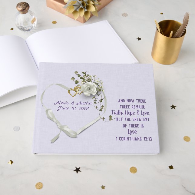 Ribbon Heart and Scripture Verse On Lavender Guest Book (Front Open)