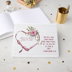 Ribbon Heart and Scripture Verse On White Wood Guest Book