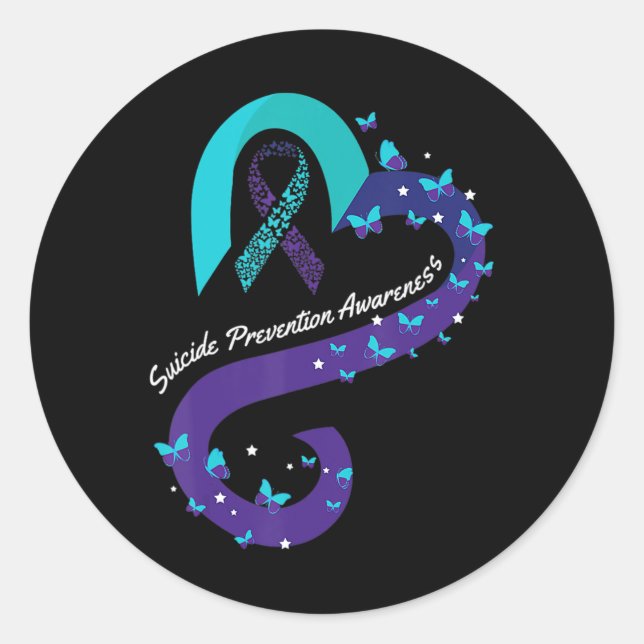 Ribbon Heart Butterfly Suicide Awareness Mental He Classic Round Sticker (Front)