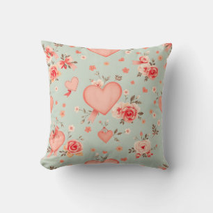 Ribbon Hearts Vintage Roses Valentine Mint Coral P Throw Pillow