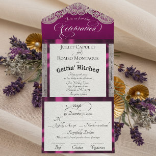 Ribbon & Lace Gettin' Hitched - Plum All In One Invitation