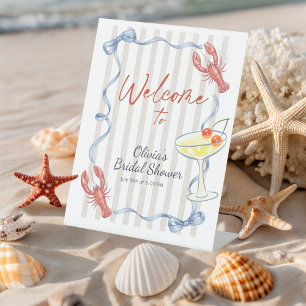 Ribbon Lobster She is Catch Bridal Shower Welcome Pedestal Sign