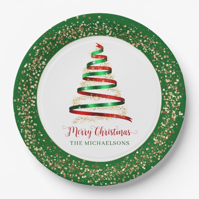 Ribbon Merry Christmas Tree Gold Glitter Paper Plate (Front)