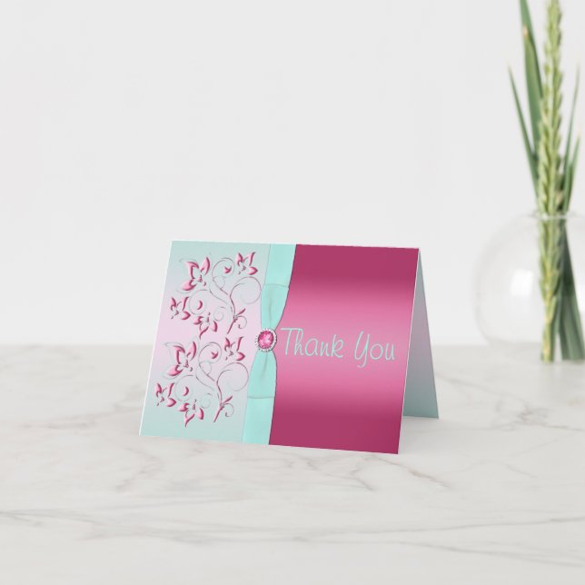 RIBBON Pink IMPRIMÉ, Aqua Floral Carte de remercie (Devant)