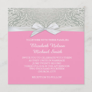 Ribbon Pink/Silver Lace Damask Wedding Invite