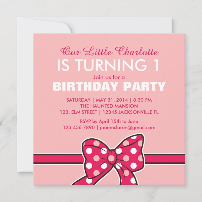 Ribbon Pois rose Invitation d'anniversaire pour en (Devant)