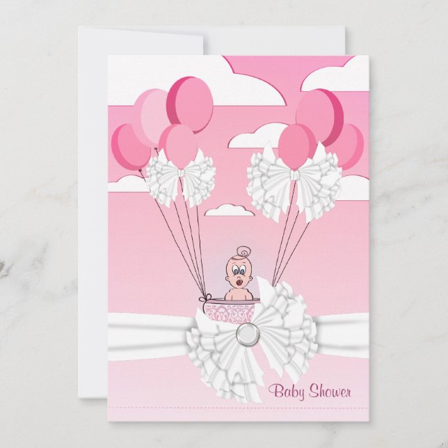 Ribbon rose blanc bébé fille douche Invitation (Devant)