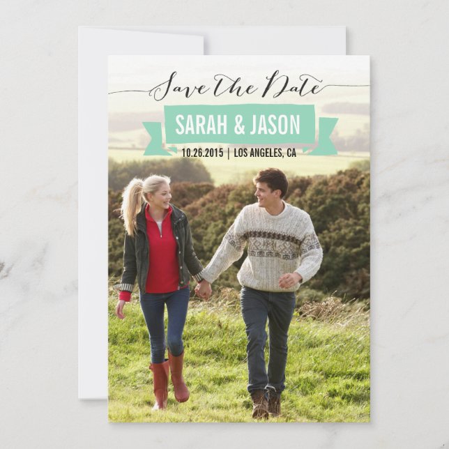 RIBBON SAVE THE DATE PHOTO CARDS - MINT (Front)