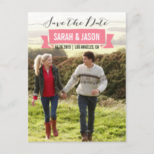 RIBBON SAVE THE DATE PHOTO POSTCARDS - CORAL