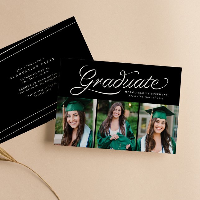 Ribbon script graduate trendy three photo invitation (Creator Uploaded)