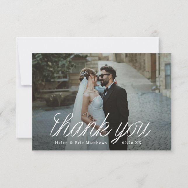 Ribbon Script Minimalist Wedding Photo Small Thank You Card (Front)