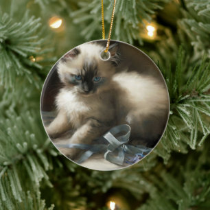 Ribbon Tangle Siamese Kitten Ceramic Ornament
