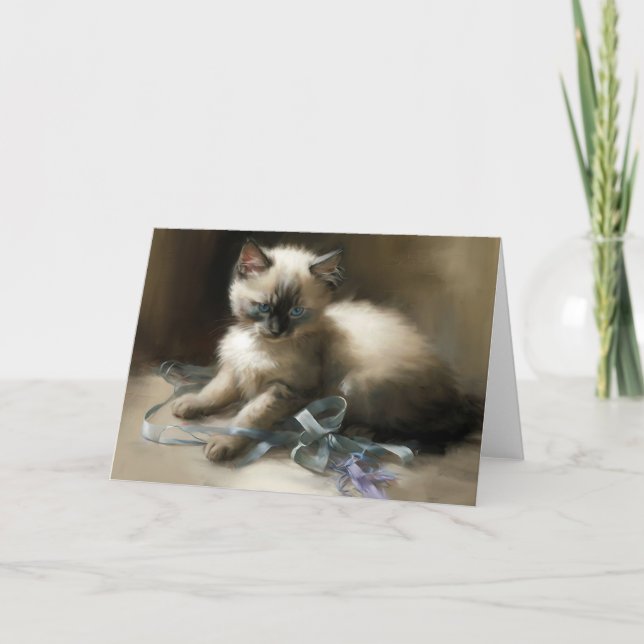Ribbon Tangle Siamese Kitten Greeting Card (Front)