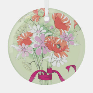 Ribbon-Tied Poppies: Daisy Bouquet. Glass Ornament