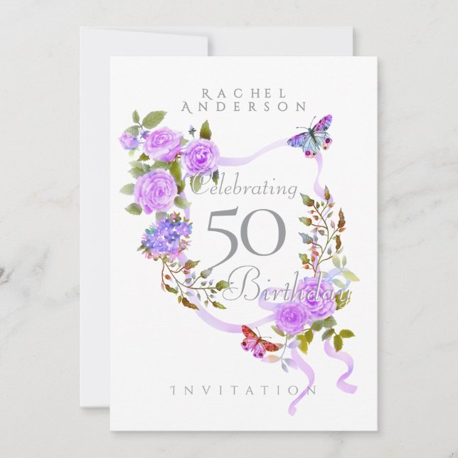 Ribbon violet Rose Invitation d'anniversaire (Devant)