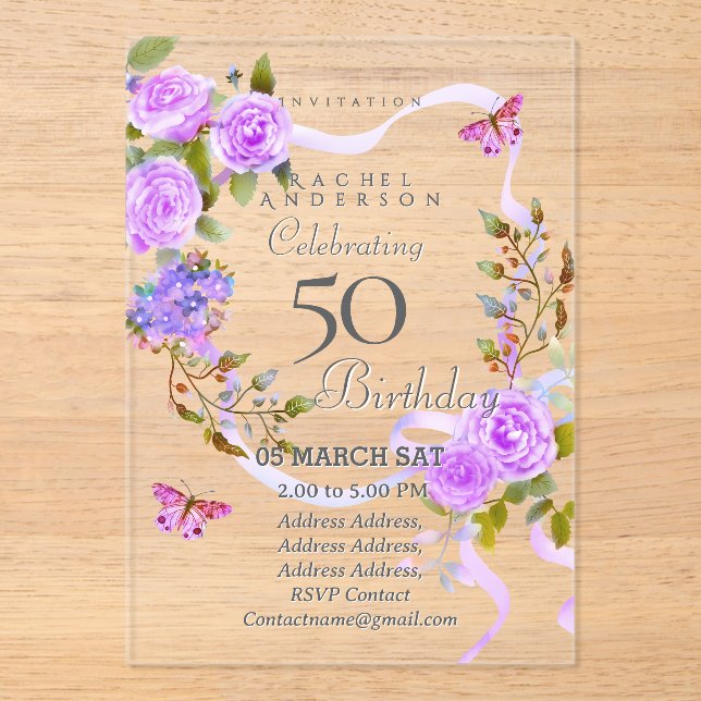 Ribbon violet Rose Invitation d'anniversaire (Recto)