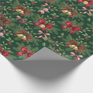 Ribbon Wishes Crimson Bow Pine Christmas Wrap Roll Wrapping Paper