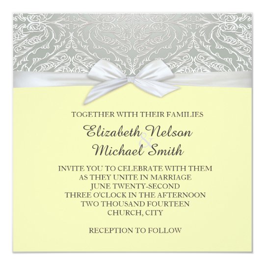 Ribbon Yellow/Silver Lace Damask Wedding Invite