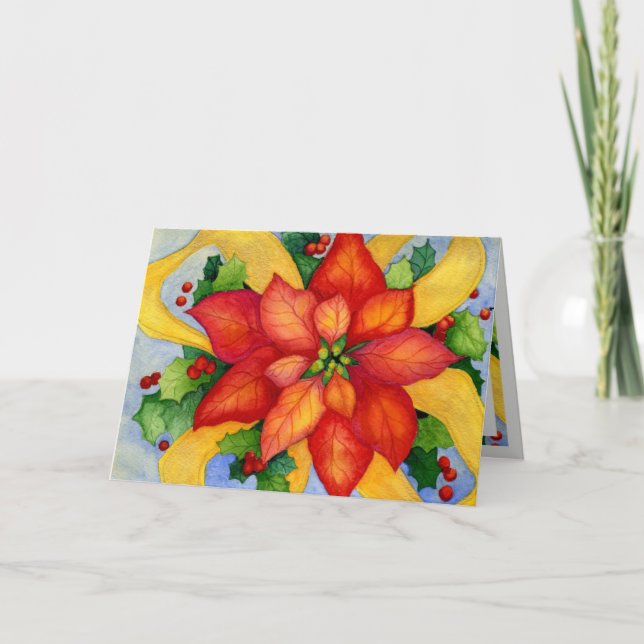 Ribboned Poinsettia Christmas Card  (Front)