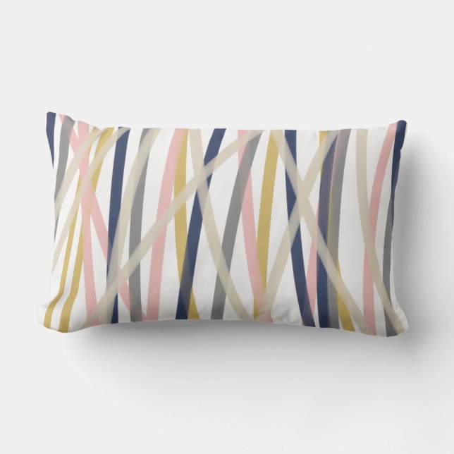 Ribbons Abstract in Mustard Navy Pink Taupe White Lumbar Pillow (Front)