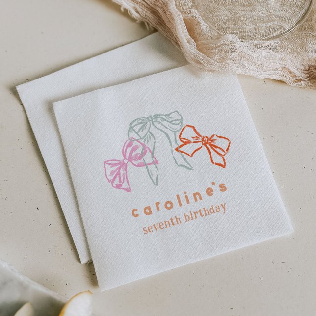 Ribbons and Bows Watercolor Girls Birthday Party Napkin (Ribbons and Bows watercolor birthday party napkins.)