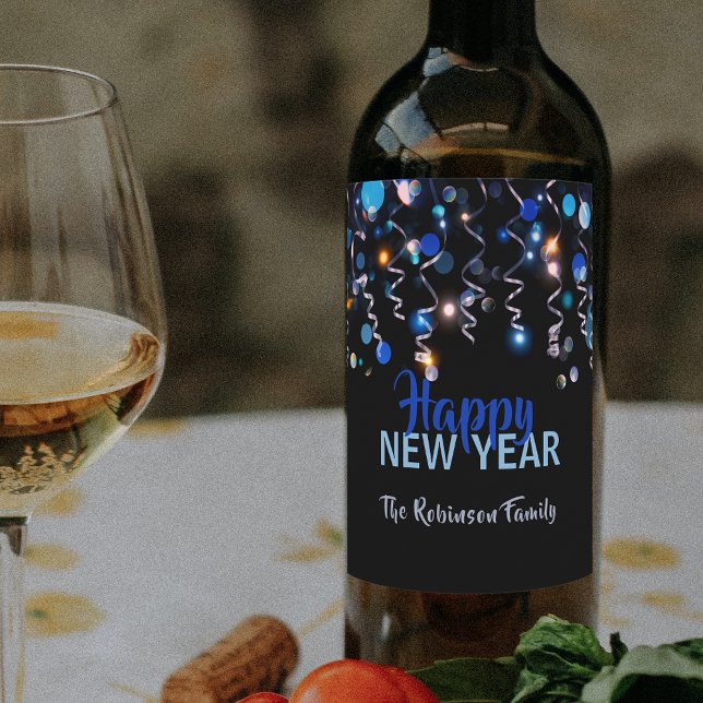 Ribbons Bokeh Lights New Year Party Celebration  Wine Label (Creator Uploaded)