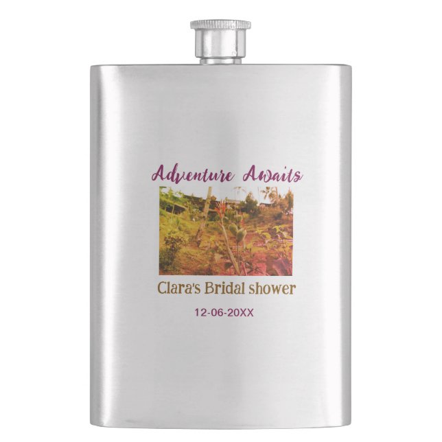 Rice fields adventure awaits bridal shower name fa hip flask (Front)