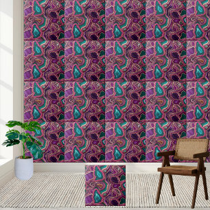 Rich Amethyst Purple Teal Gold Veining Geode Tile