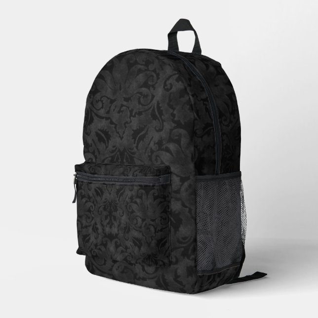 Rich Black Brocade Printed Backpack (Back Corner Right)