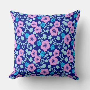 Rich blue and pink floral pattern Japanese Plum Throw Pillow