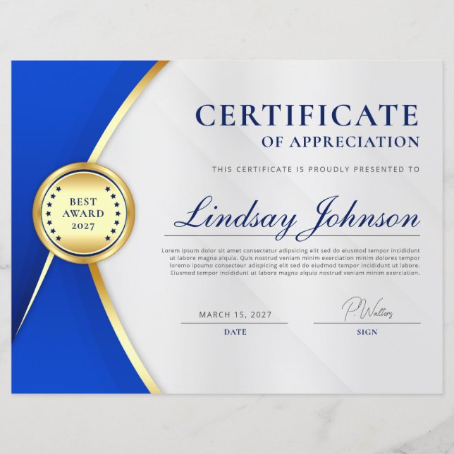 Rich Blue & Gold Certificate of Appreciation Flyer (Front)