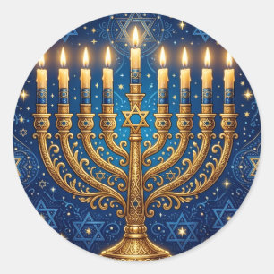 Rich Blue & Gold Jeweled Hanukkah  Classic Round Sticker