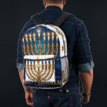 Rich Blue & Gold Jewelled Hanukkah  Printed Backpack<br><div class="desc">Celebrate the Festival of Lights in opulence with this beautifully designed rich blue and gold Hanukkah menorah holiday postcard! This flat postcard features a stunning, detailed illustration of an ornate, antique-style gold Hanukkah menorah, lavishly adorned with vibrant multi-coloured gems and delicate enamel work. The menorah is fully lit with nine...</div>