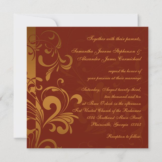 Rich Brick Red and Gold Reverse Swirl Square Invitation (Front)