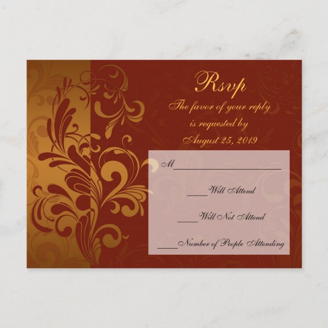 Rich Brick Red / Gold Reverse Swirl RSVP Reply Invitation Postcard (Front)