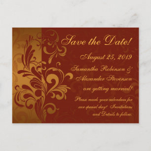 Rich Brick Red / Gold Reverse Swirl Save the Date Announcement Postcard