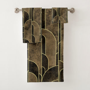 Rich Brown and Gold Art Deco Pattern Bath Towel Set