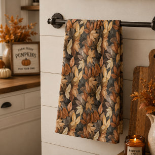 Rich Brown Beige Autumn Leaves Rustic Farmhouse Kitchen Towel