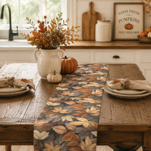 Rich Brown Beige Autumn Leaves Rustic Farmhouse Short Table Runner