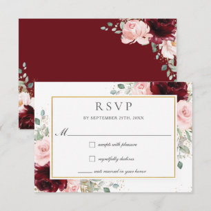 Rich Burgundy Blush Pink Roses Floral Wedding RSVP Card